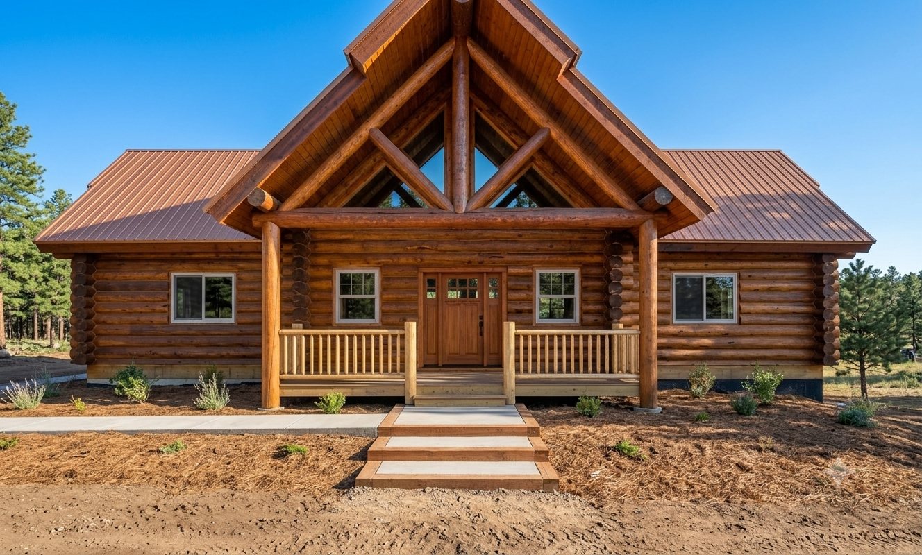 The log home near Florissant seen head-on: a steep entry gable over a covered porch, milled log walls and a standing-seam metal roof.