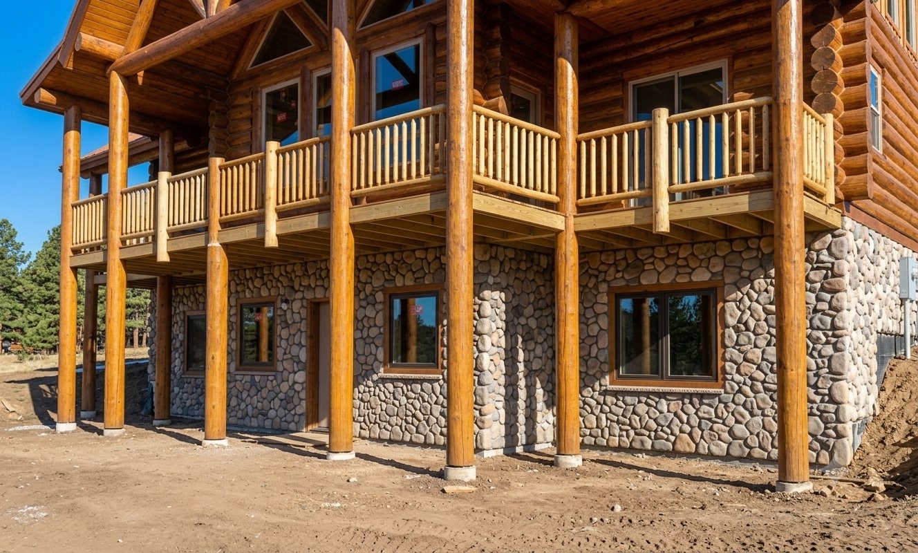 The deck structure close up: peeled log posts on concrete piers, carrying the deck above a stone-faced lower level.