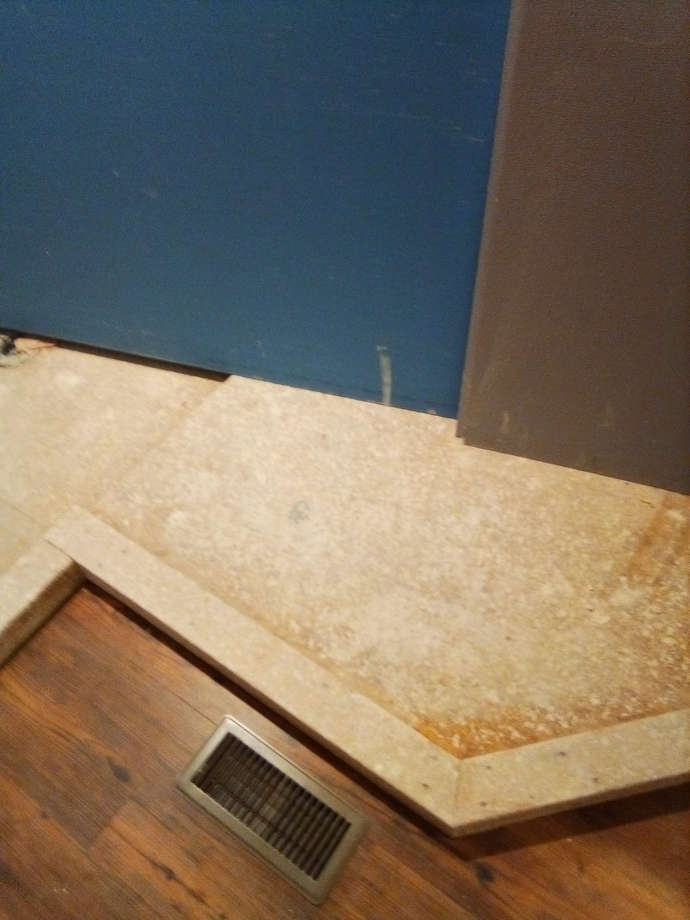 New tile meeting the existing wood floor at the doorway threshold.