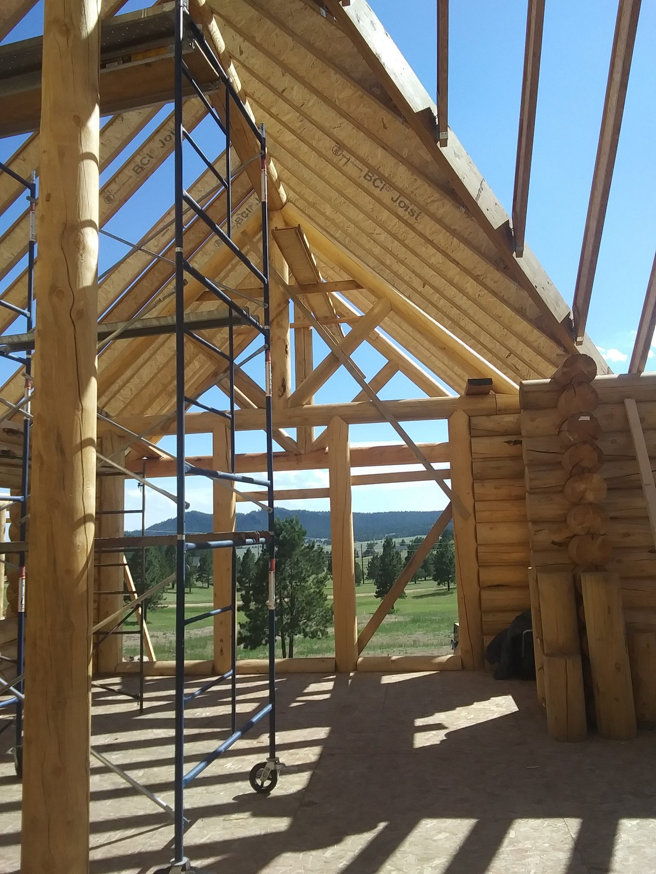 Heavy timber posts and beams carrying the roof structure.